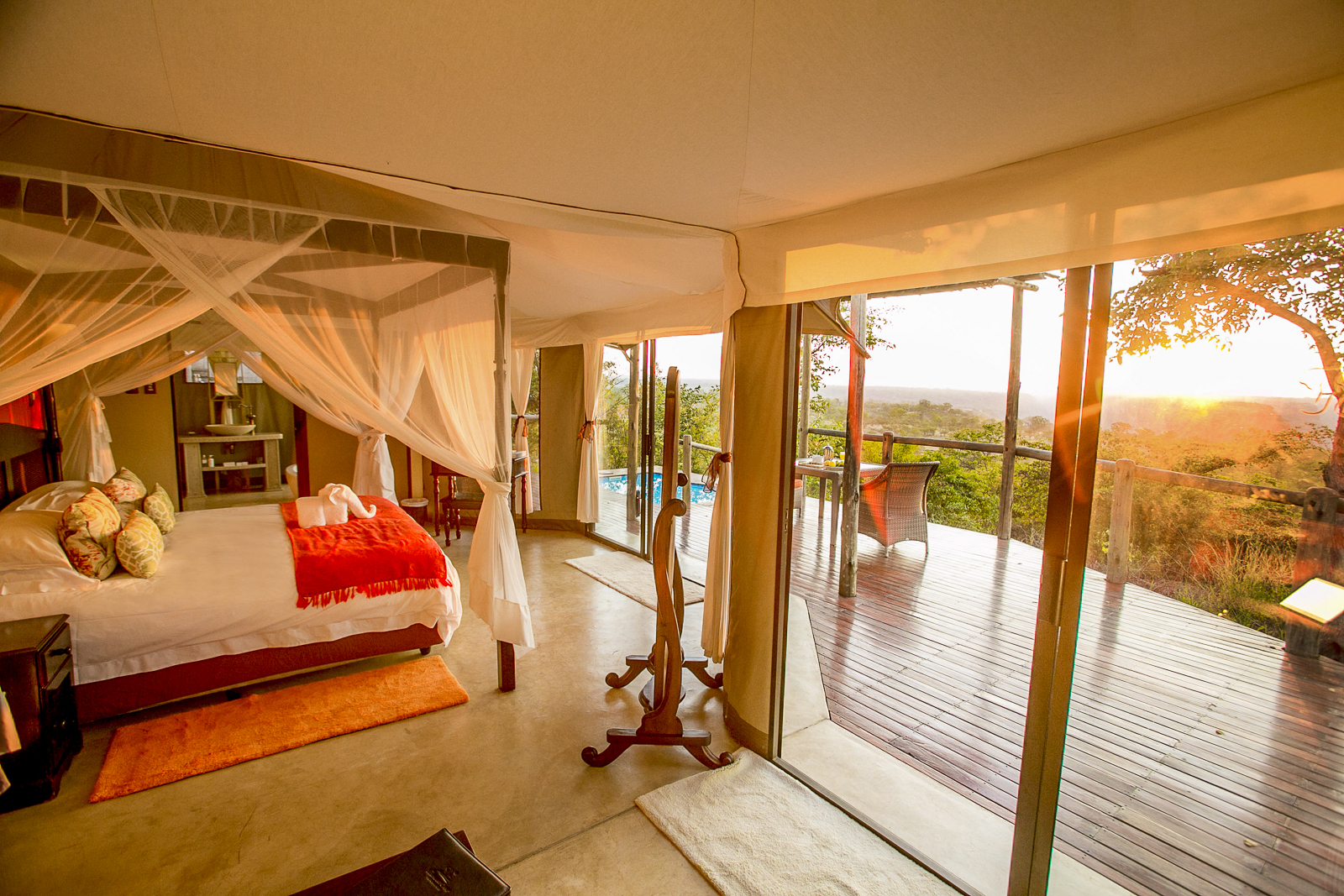 Interior of a guest tent at The Elephant Camp near the Victoria Falls
