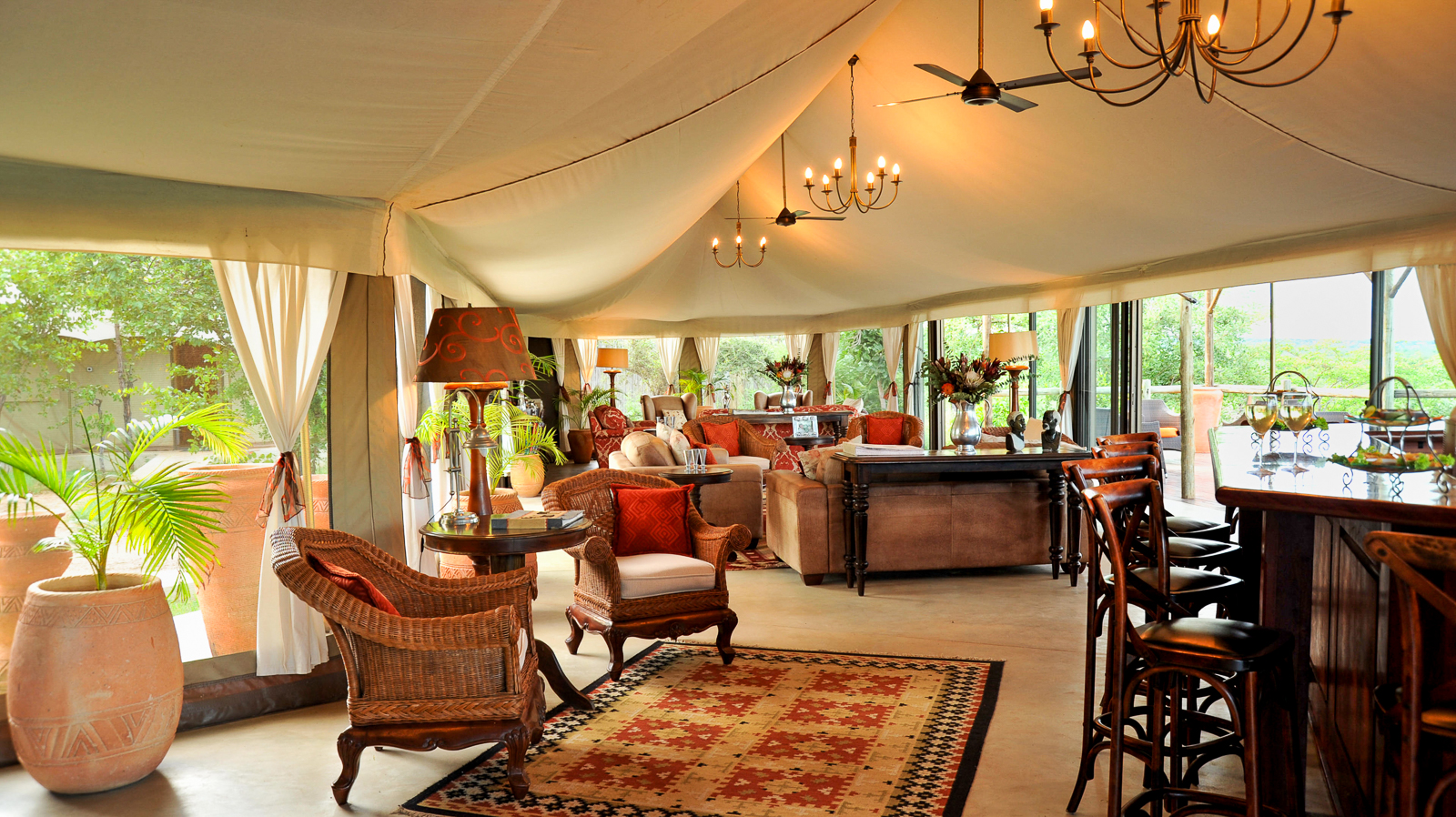 Communal lounge at The Elephant Camp near the Victoria Falls