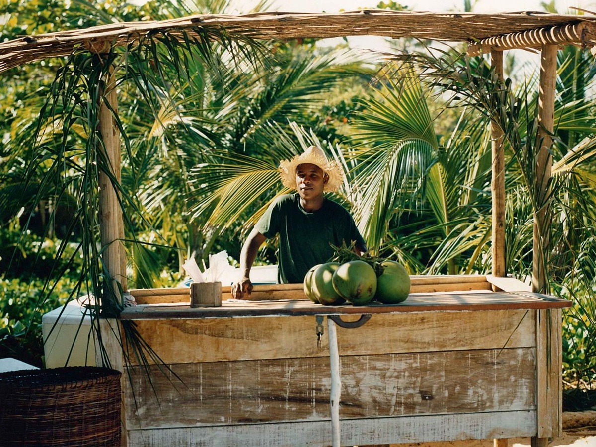 Wooden beach bar with coconut drinks at luxury resort Uxua Casa Hotel and Spa in Brazil
