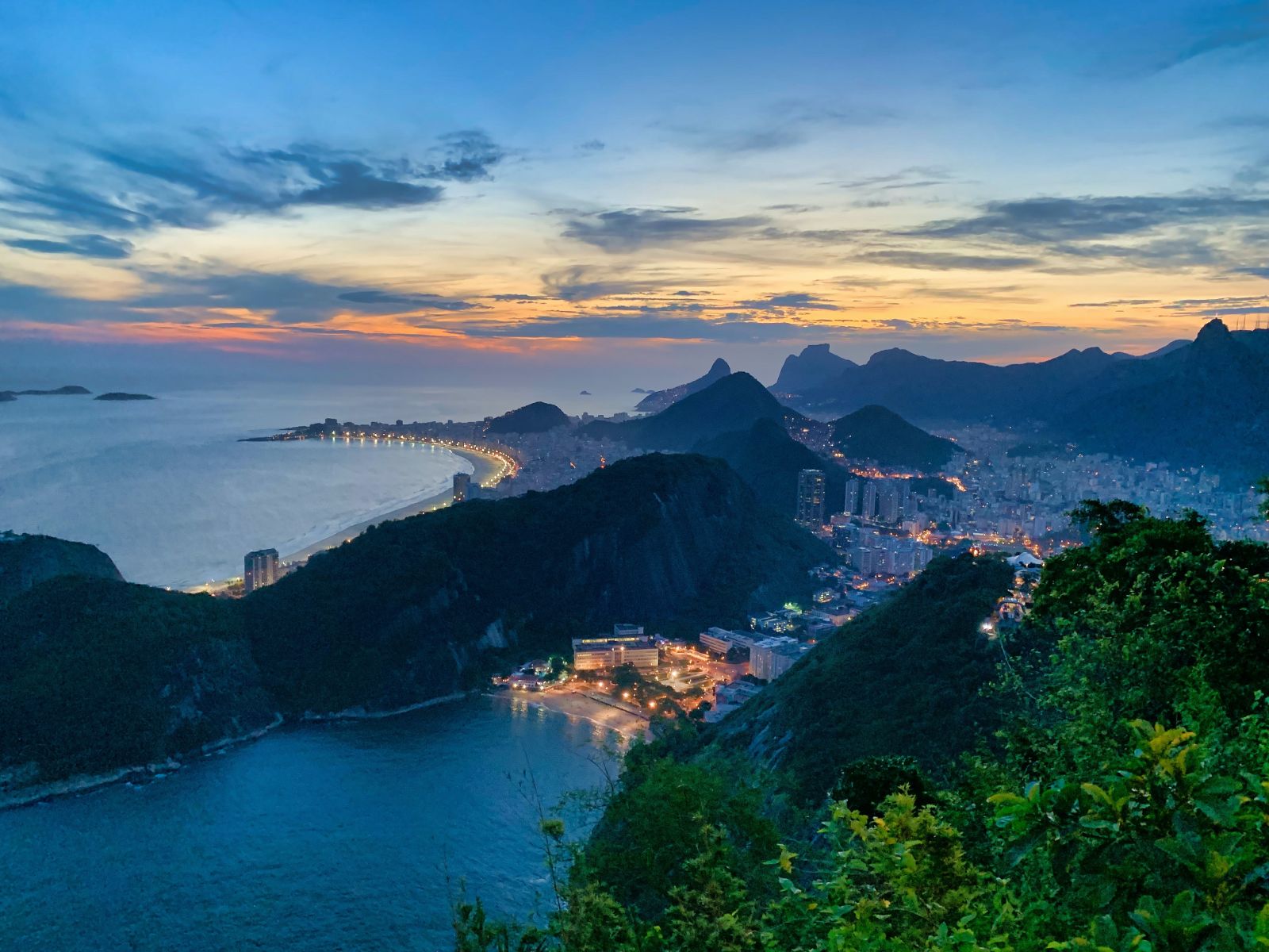 Aerial view of Rio coastline during sunset, Brazil