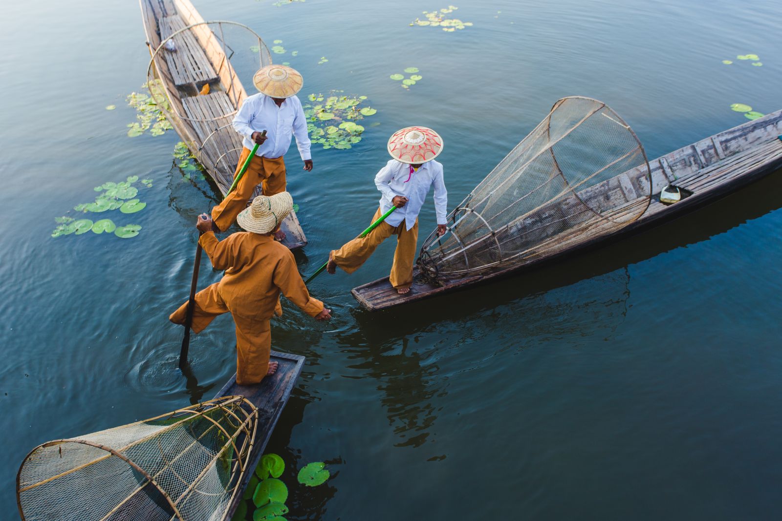 Aerial view of fishermen with traditional nets on the Inle Lake in Burma