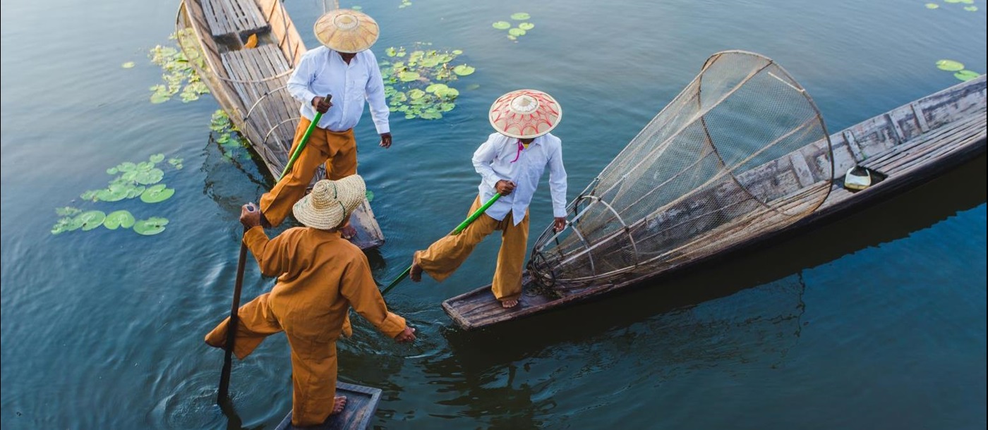 Aerial view of fishermen with traditional nets on the Inle Lake in Burma