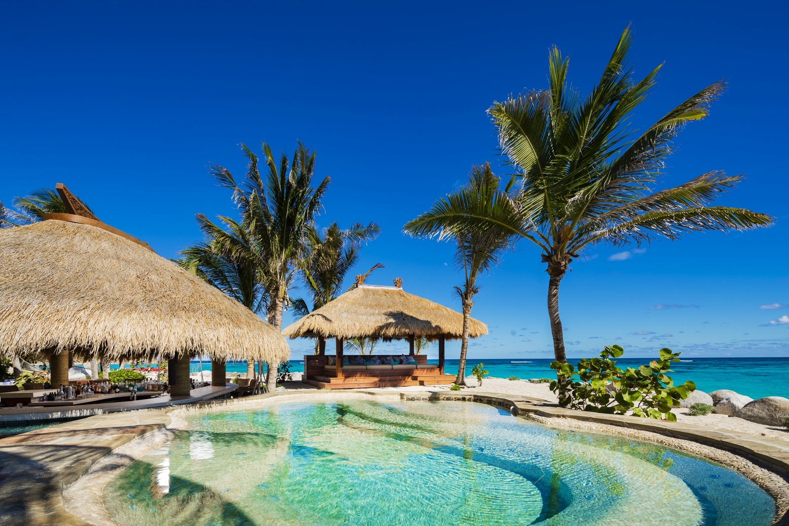 Thatched Beach bar and hot tub with palms
