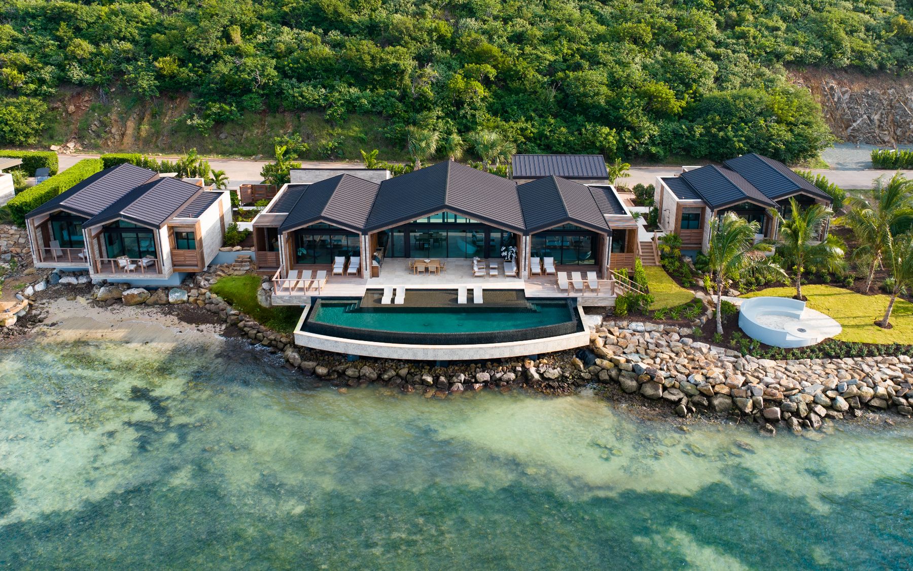 Aerial of the villa on the coastline at Casino Royale in Oil Nut Bay in the British Virgin Islands