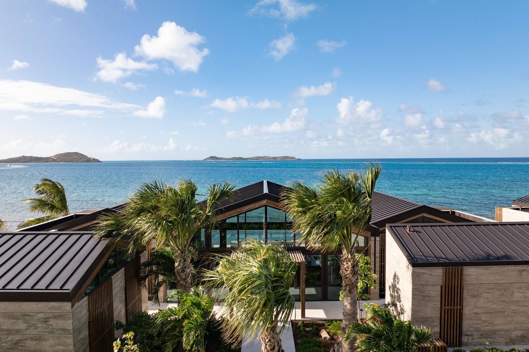 Aerial shot of the exterior of the villa looking out to sea at Casino Royale in Oil Nut Bay in the British Virgin Islands