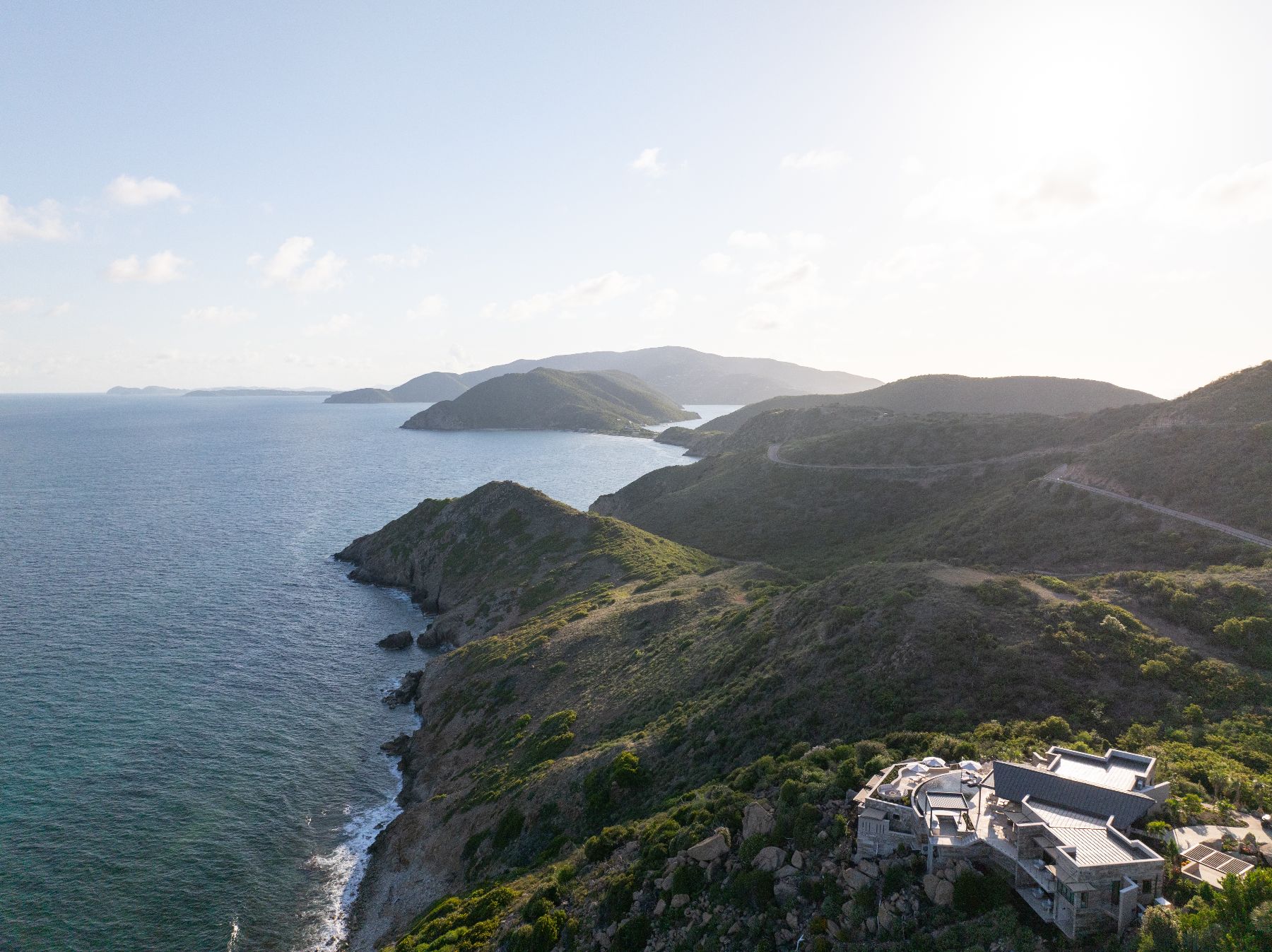 Aerial shot of villa and coastline at Quintessa in Oil Nut Bay in the British Virgin Islands