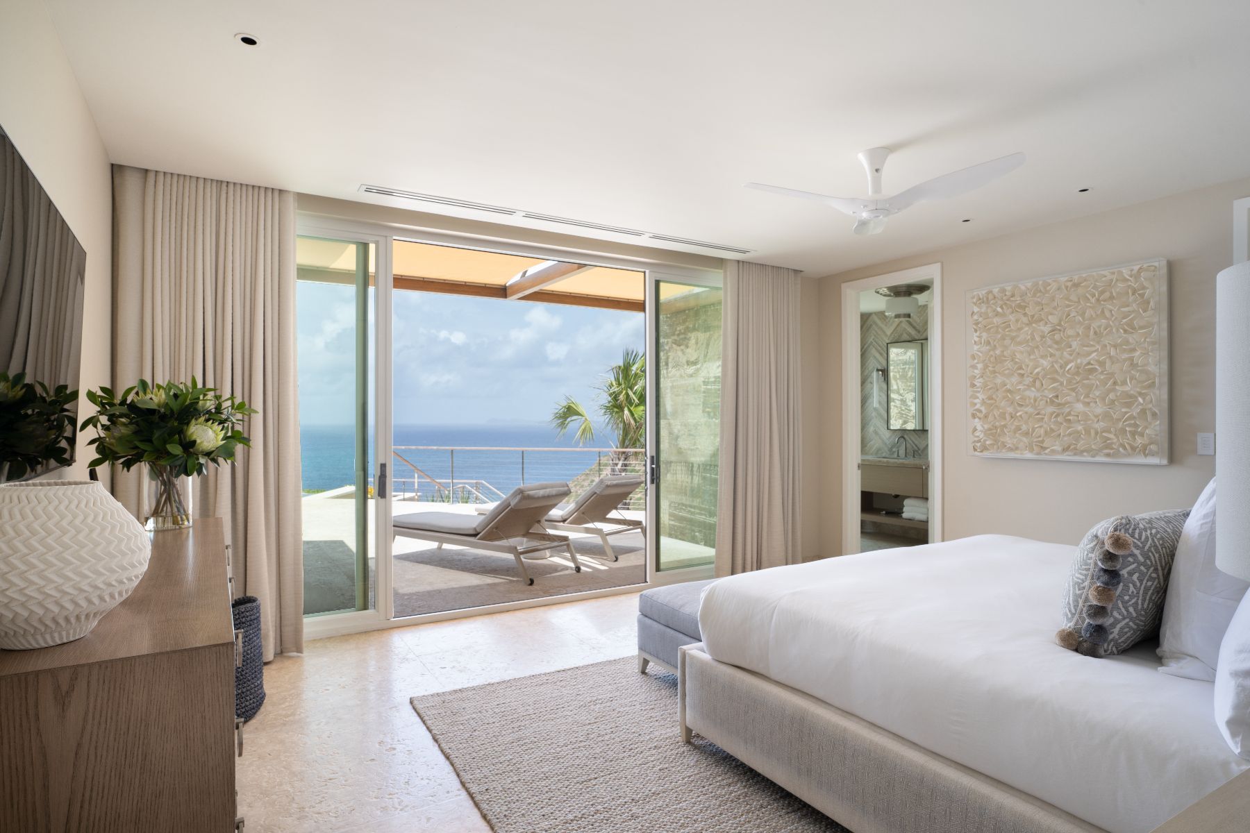 Bedroom with sea views at Quintessa in Oil Nut Bay in the British Virgin Islands