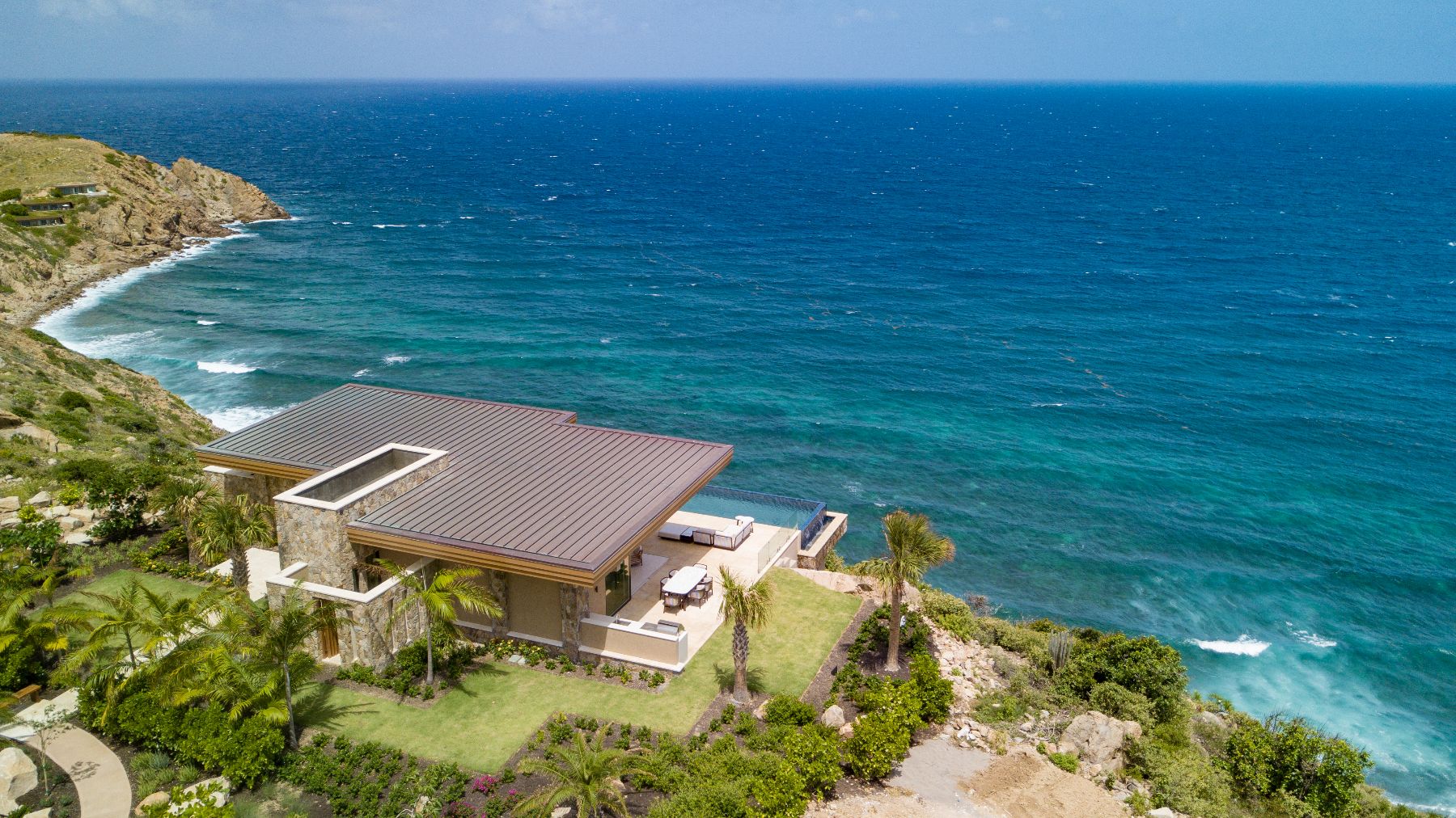 Aerial shot over villa and the sea at Starlight in the Nut Oil Bay Resort in the British Virgin Islands