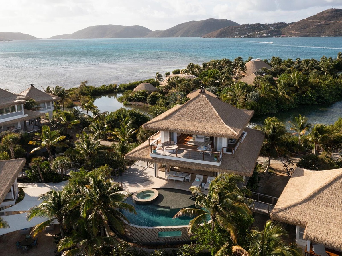 Aerial view of Beach Villa at The Branson Estate on Moskito Island in the British Virgin Islands