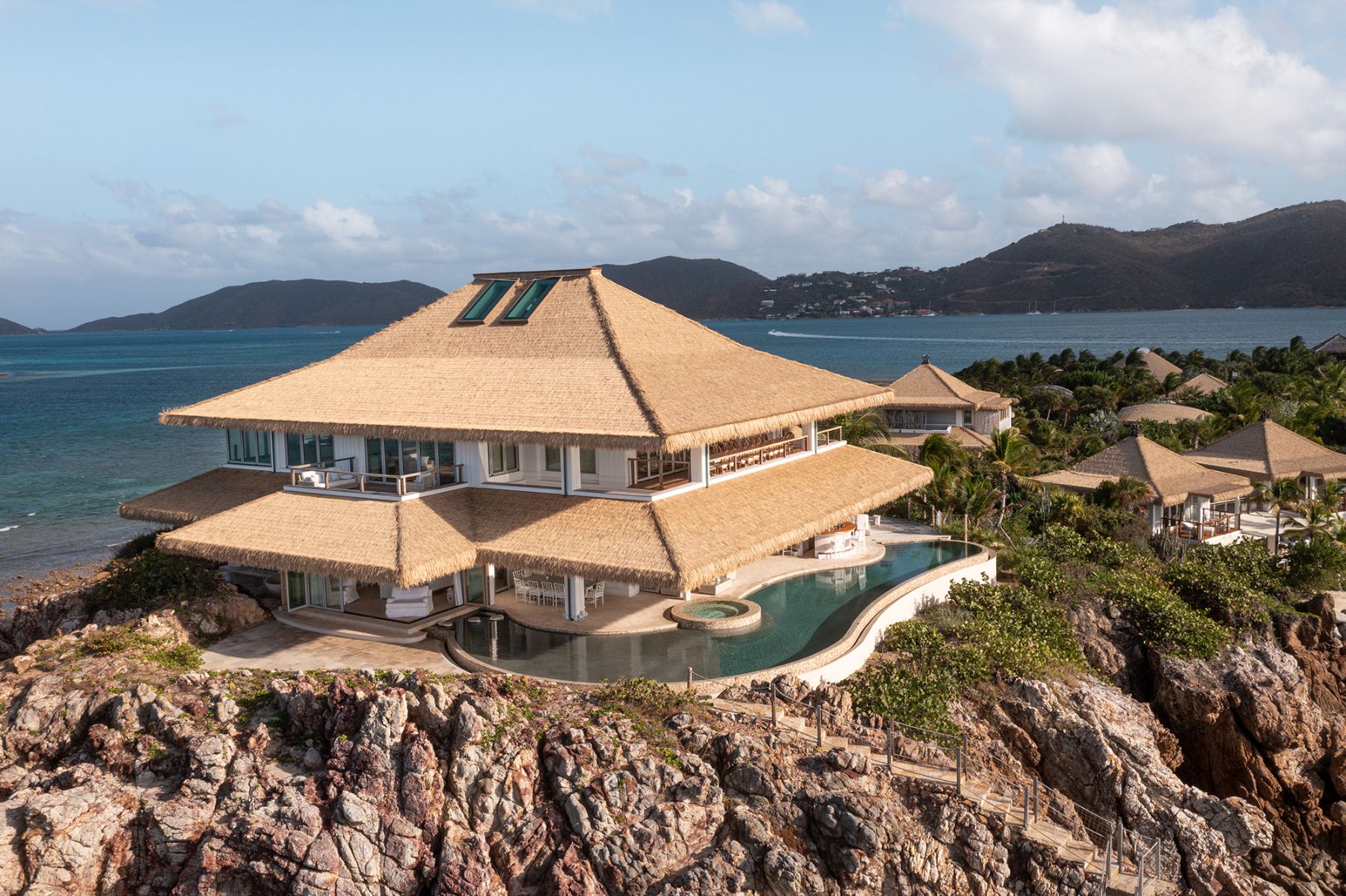Aerial shot of Headland House at The Branson Estate on Moskito Island in the British Virgin Islands