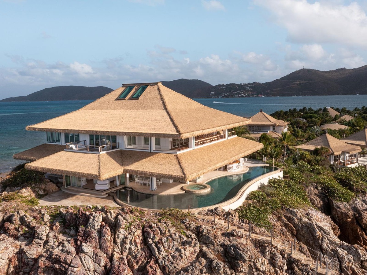 Aerial shot of Headland House at The Branson Estate on Moskito Island in the British Virgin Islands