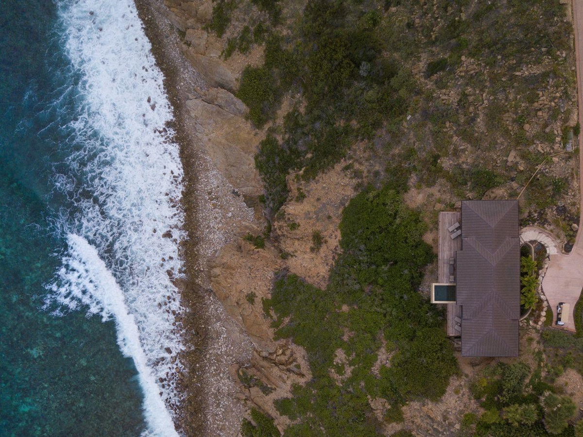 Aerial shot of villa and coast at Whale Point in the Nut Oil Bay Resort in the British Virgin Islands