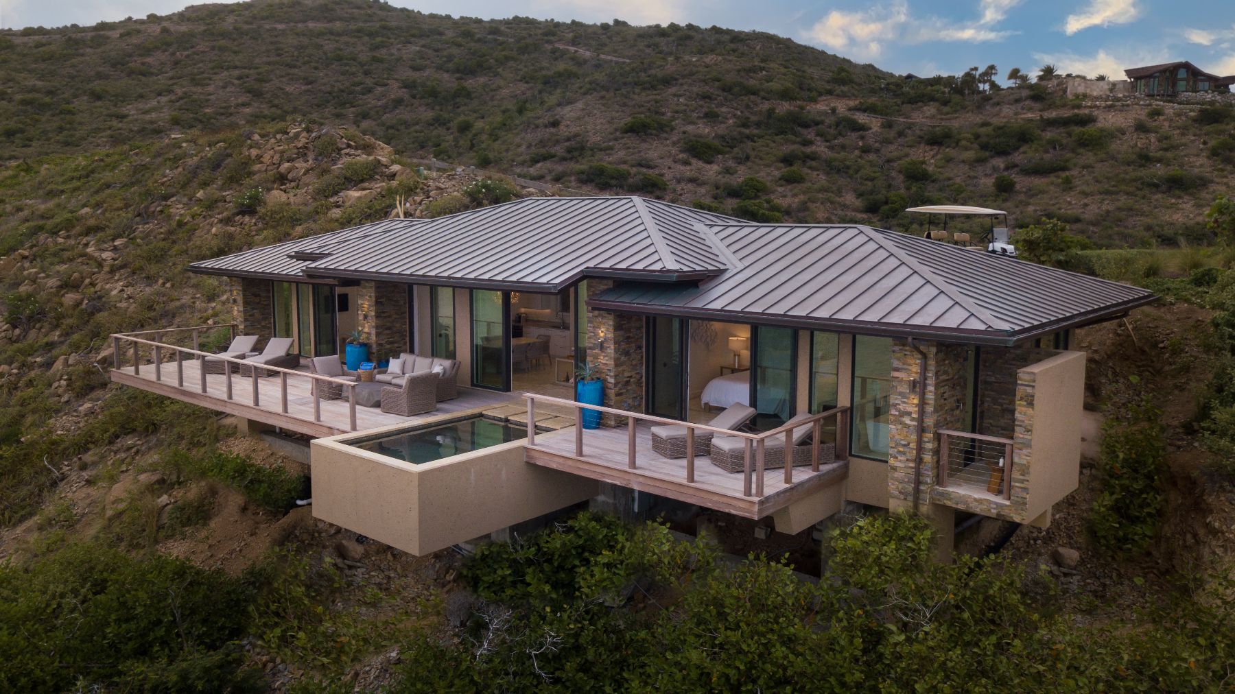 Aerial shot of the exterior of the villa at Whale Point in the Nut Oil Bay Resort in the British Virgin Islands