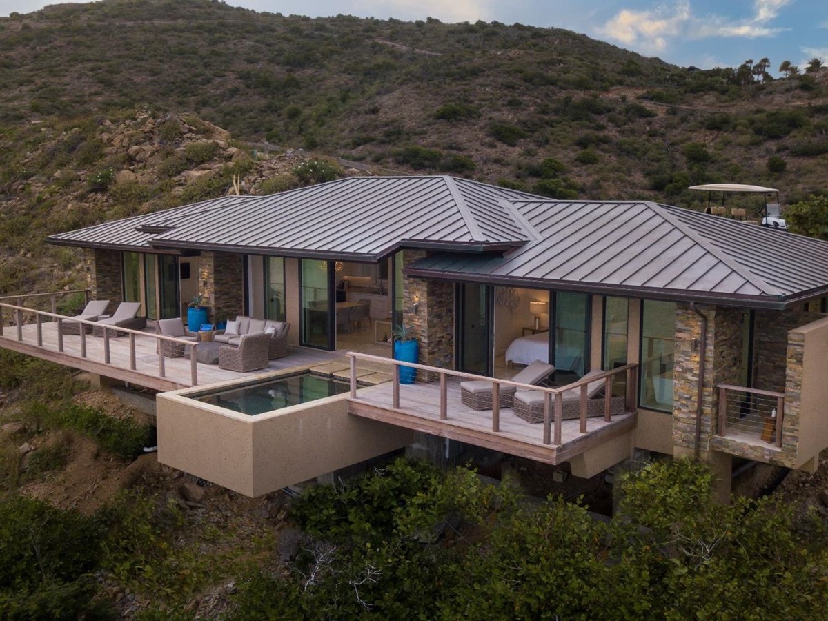 Aerial shot of the exterior of the villa at Whale Point in the Nut Oil Bay Resort in the British Virgin Islands