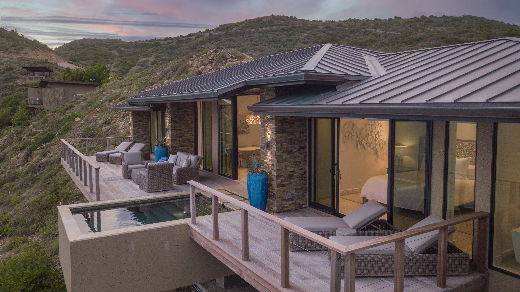 Aerial shot of the exterior of the villa at Whale Point in the Nut Oil Bay Resort in the British Virgin Islands