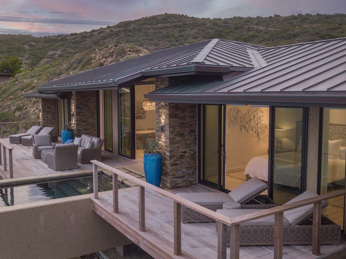 Aerial shot of the exterior of the villa at Whale Point in the Nut Oil Bay Resort in the British Virgin Islands