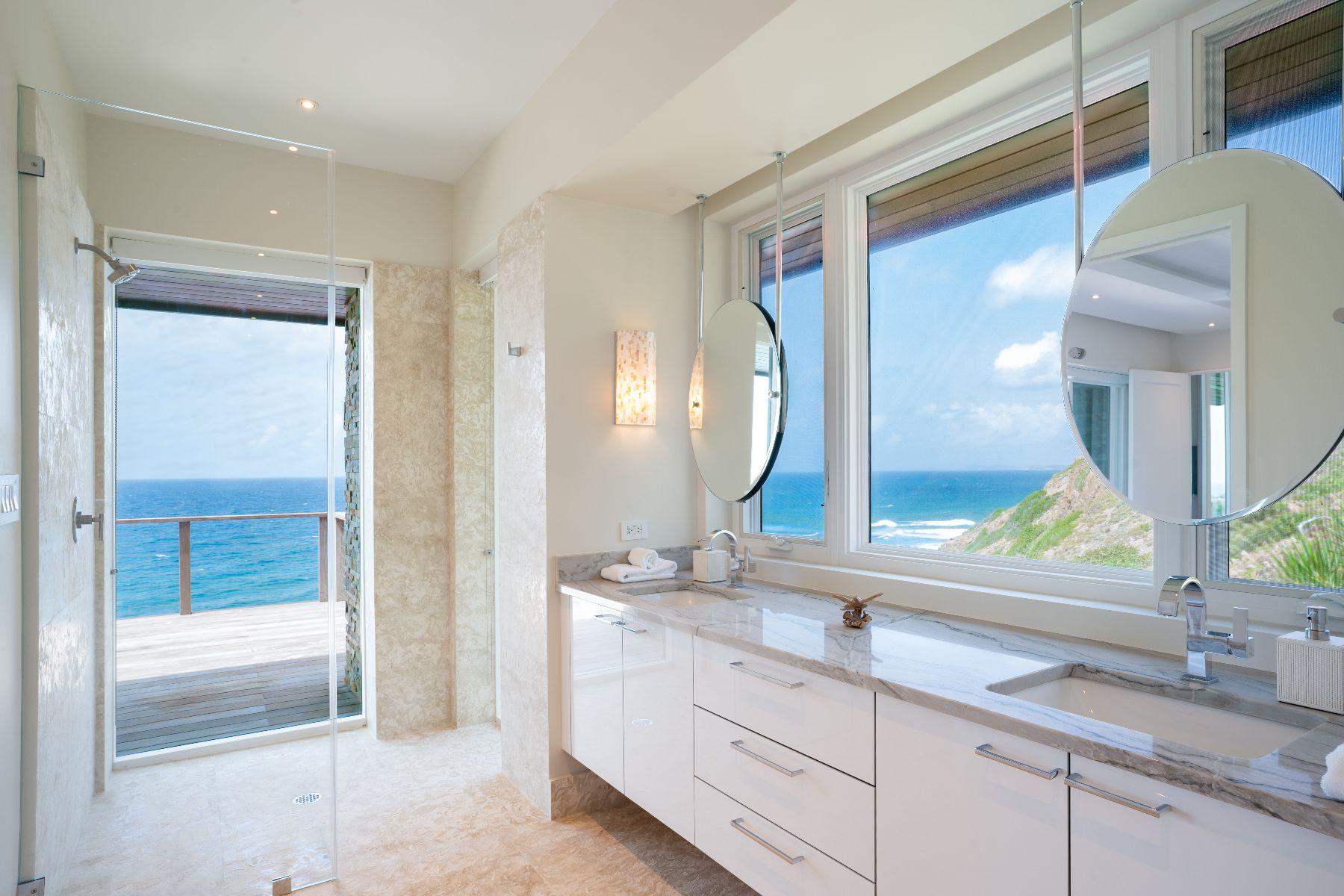 Bathroom with sea views at Whale Point in the Nut Oil Bay Resort in the British Virgin Islands