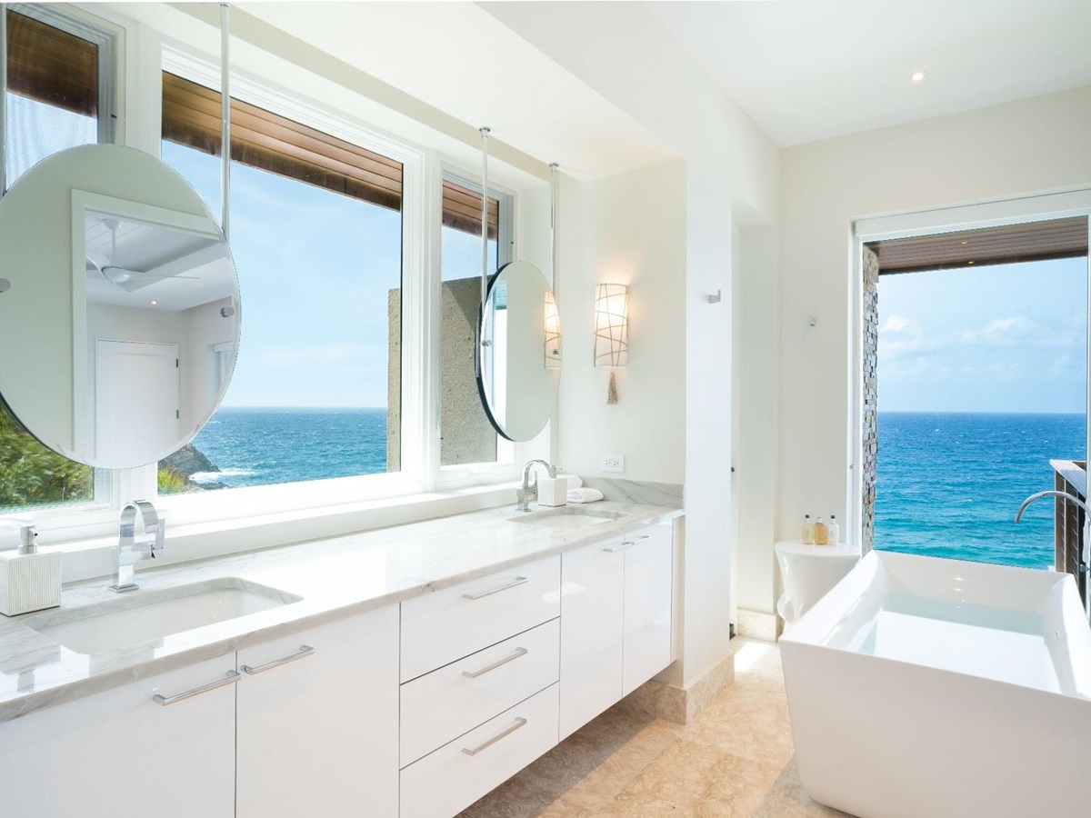 Bathroom with sea views at Whale Point in the Nut Oil Bay Resort in the British Virgin Islands