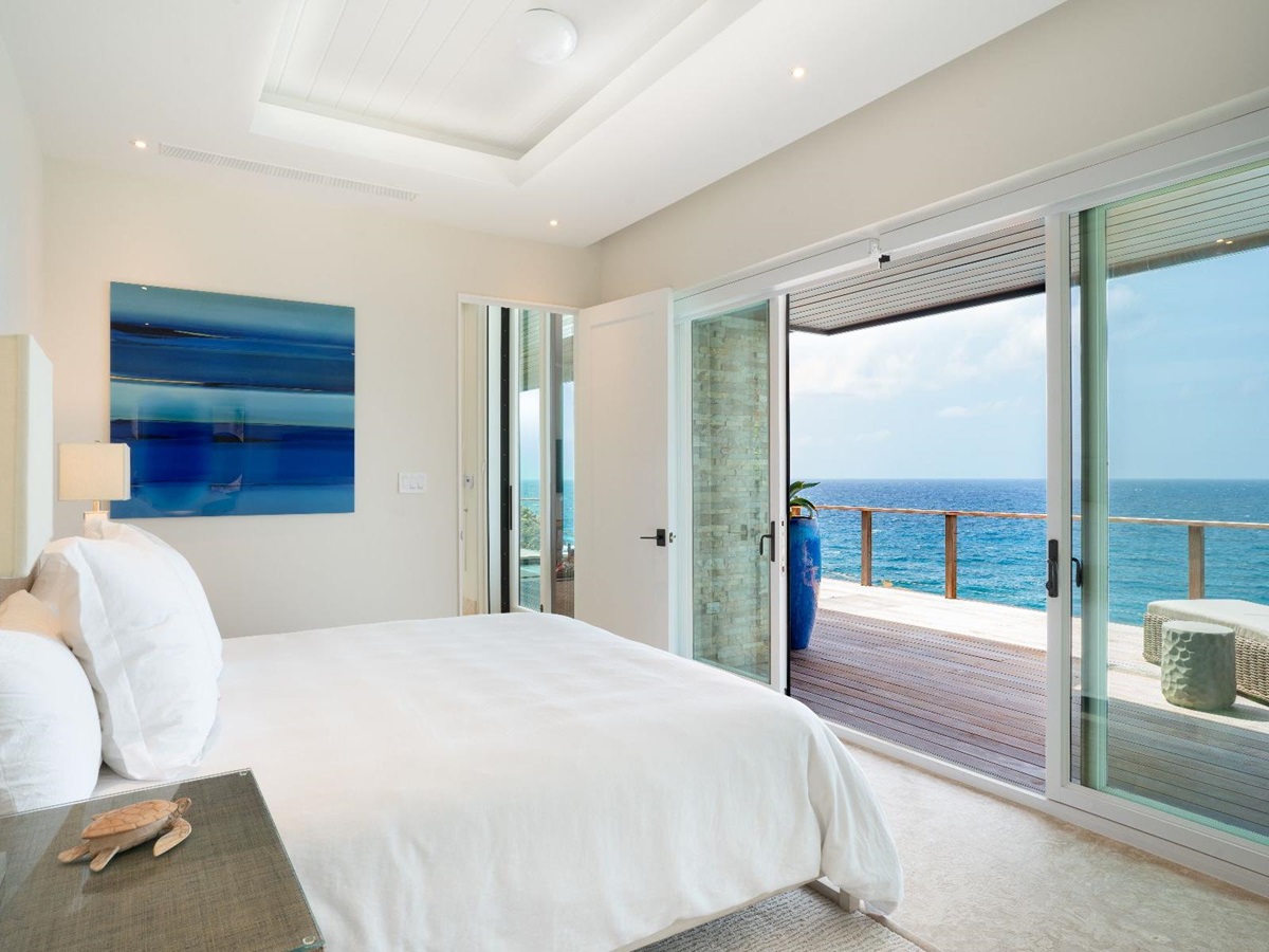 Bedroom with sea views at Whale Point in the Nut Oil Bay Resort in the British Virgin Islands