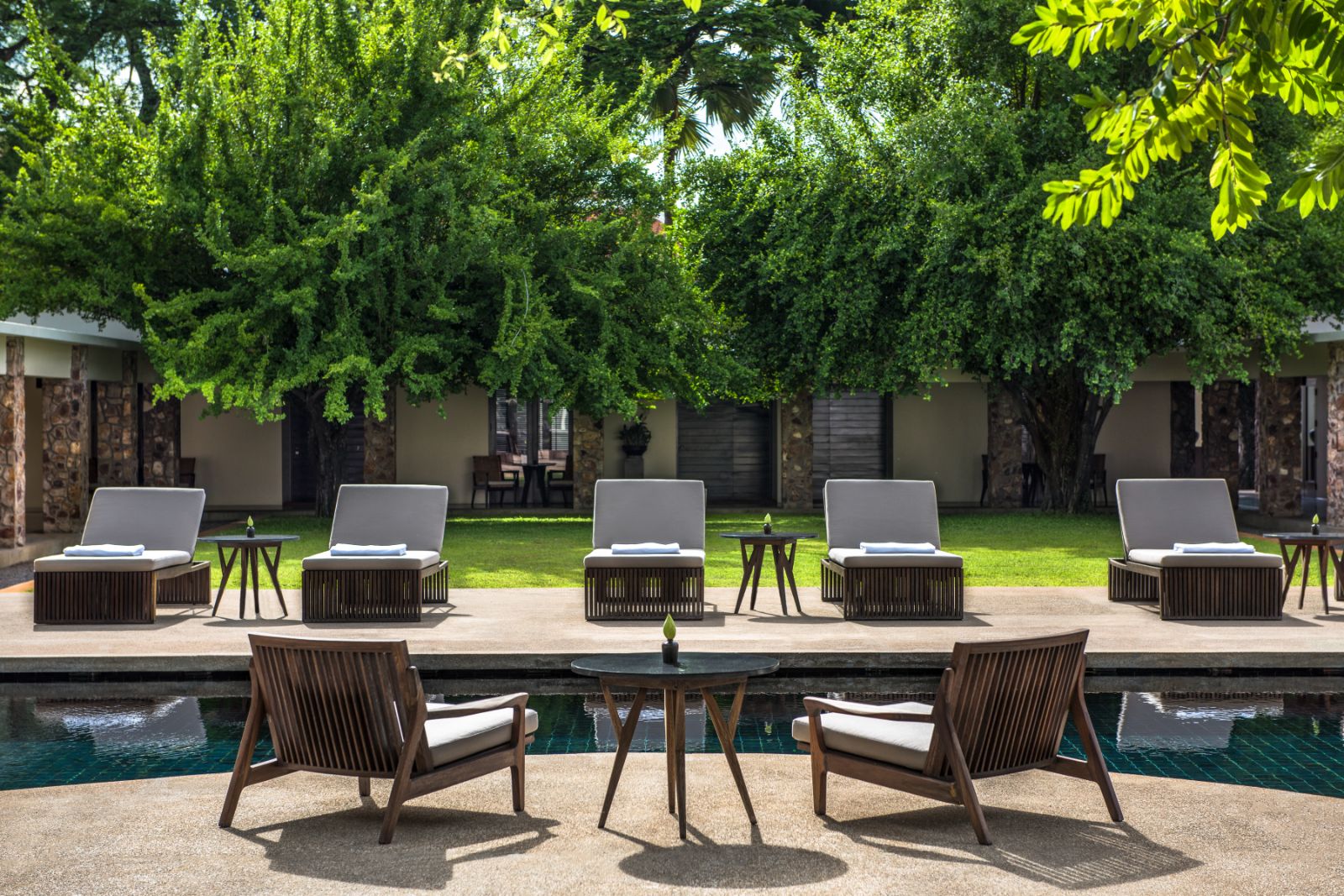 Poolside seating at Amansara in the Siem Reap region of Cambodia