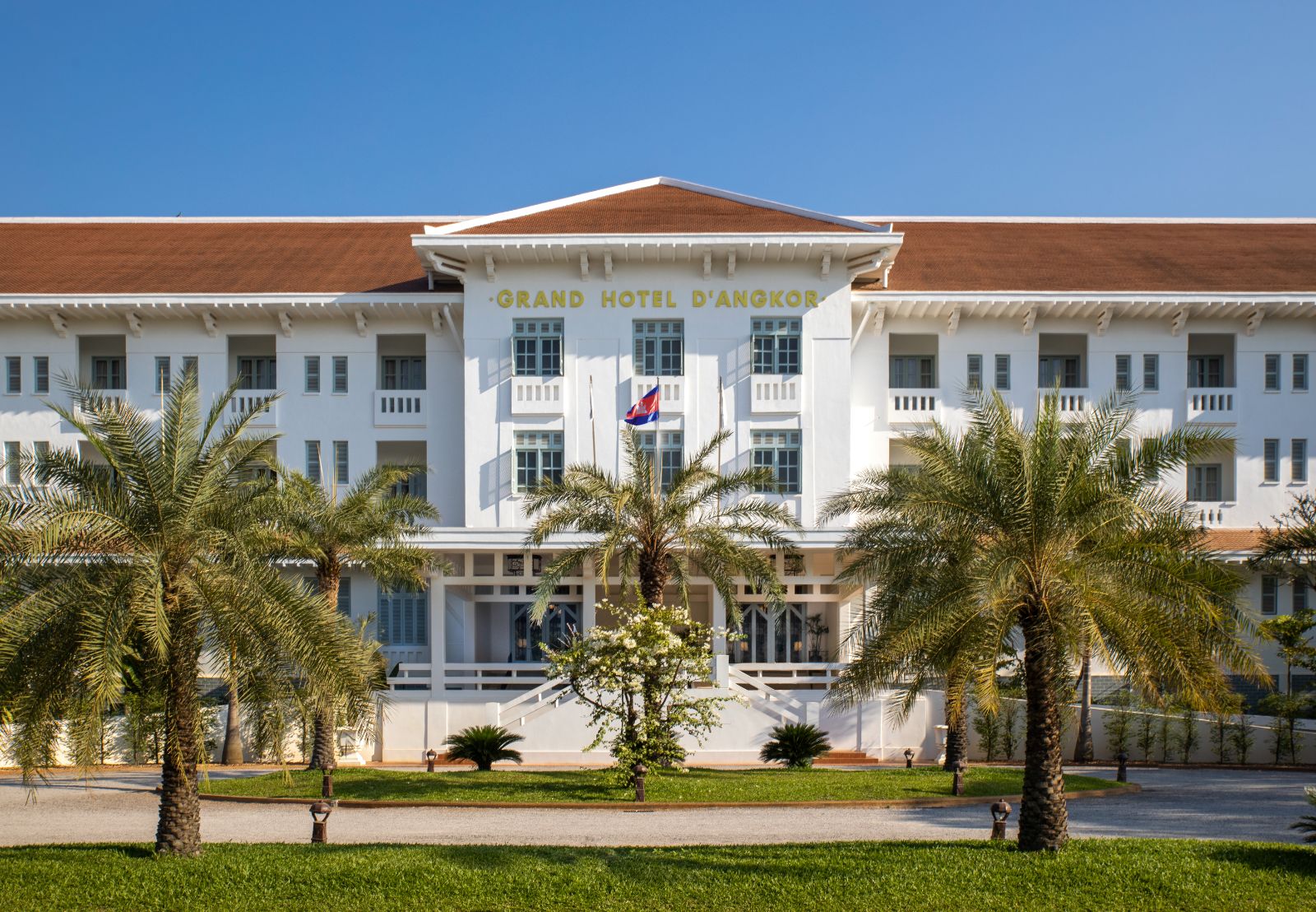 Exterior view of Raffles Grand Hotel d'Angkor in Siem Reap, Cambodia