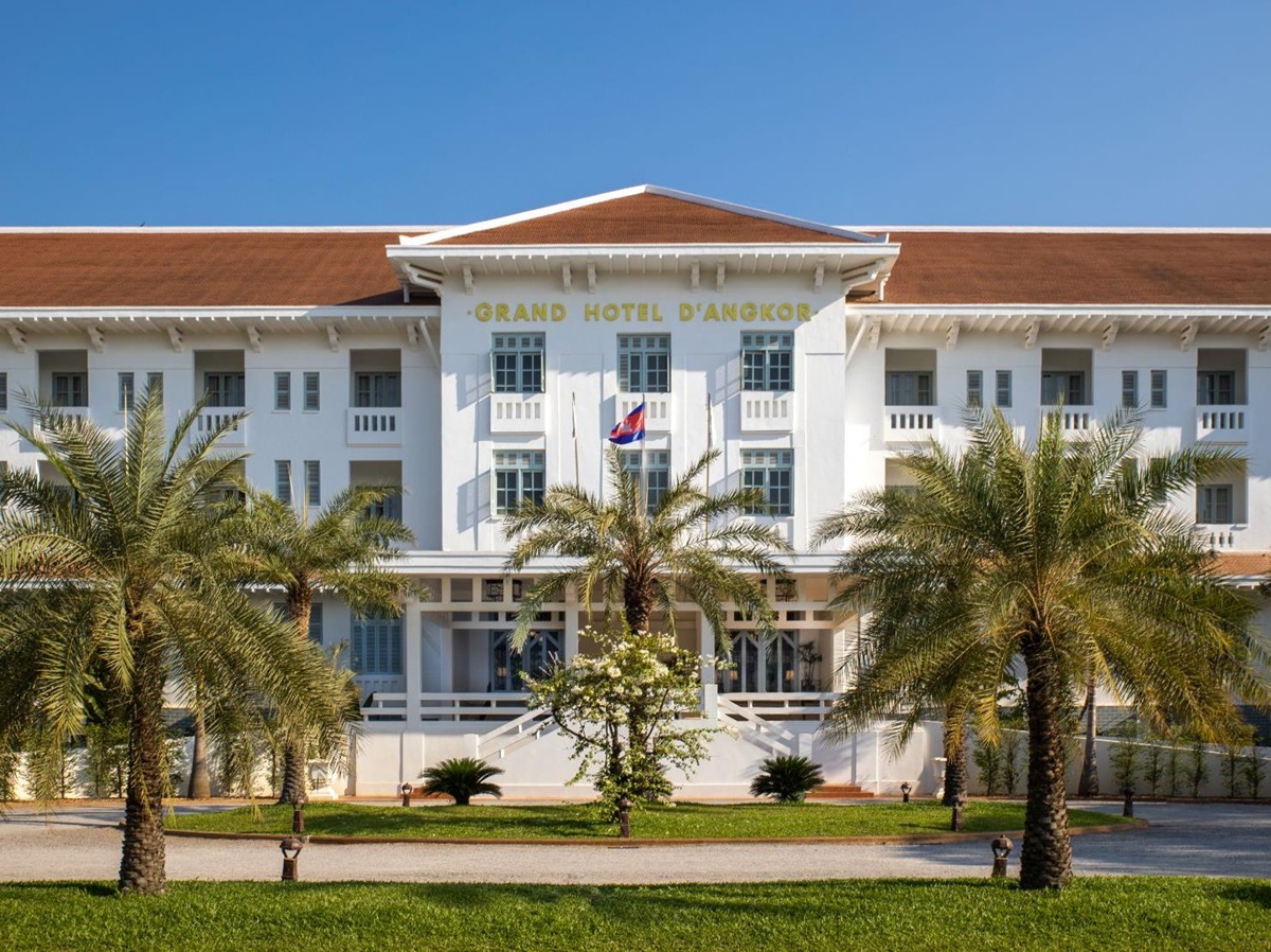 Exterior view of Raffles Grand Hotel d'Angkor in Siem Reap, Cambodia