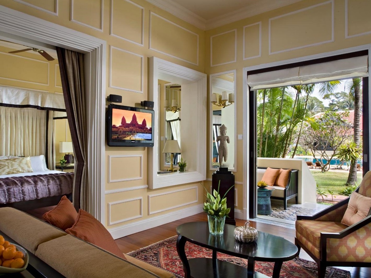 Guest suite living area at Raffles Grand Hotel d'Angkor in Siem Reap, Cambodia