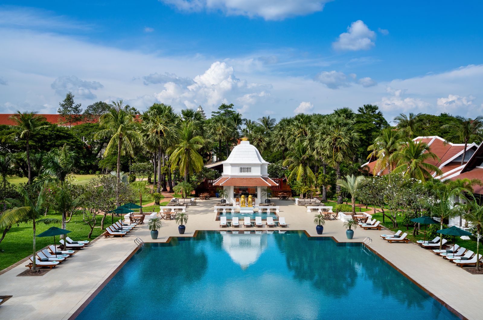 Aerial view of pool at Raffles Grand Hotel d'Angkor in Siem Reap, Cambodia
