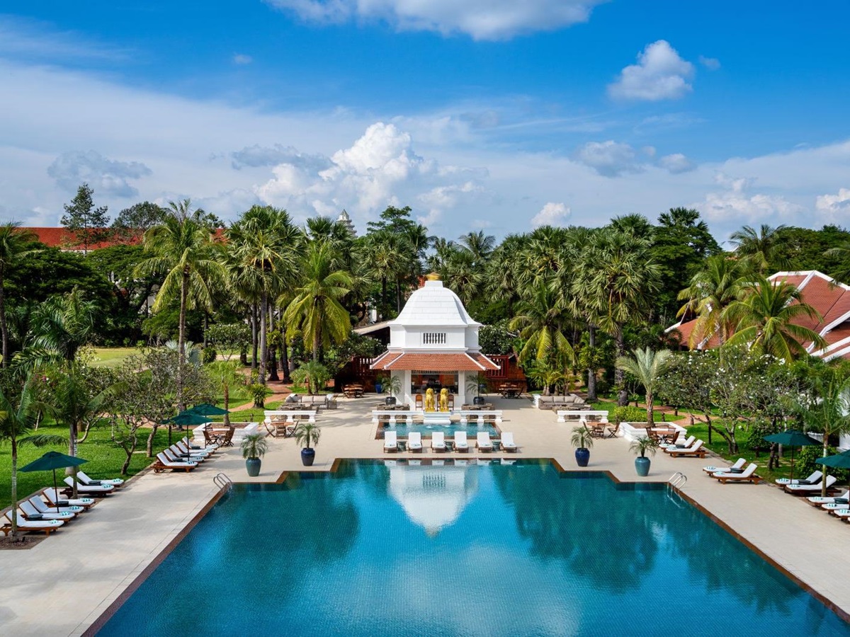 Aerial view of pool at Raffles Grand Hotel d'Angkor in Siem Reap, Cambodia