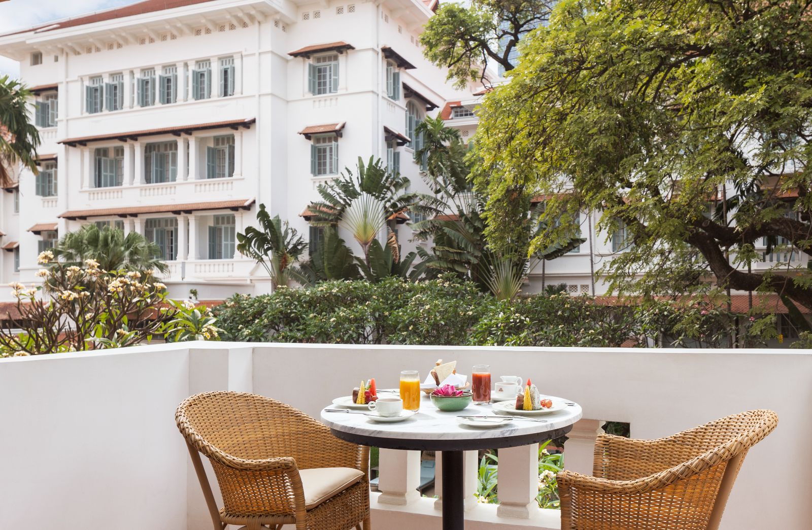 Balcony of a guest suite at Raffles Le Royal in Phnom Penh, Cambodia