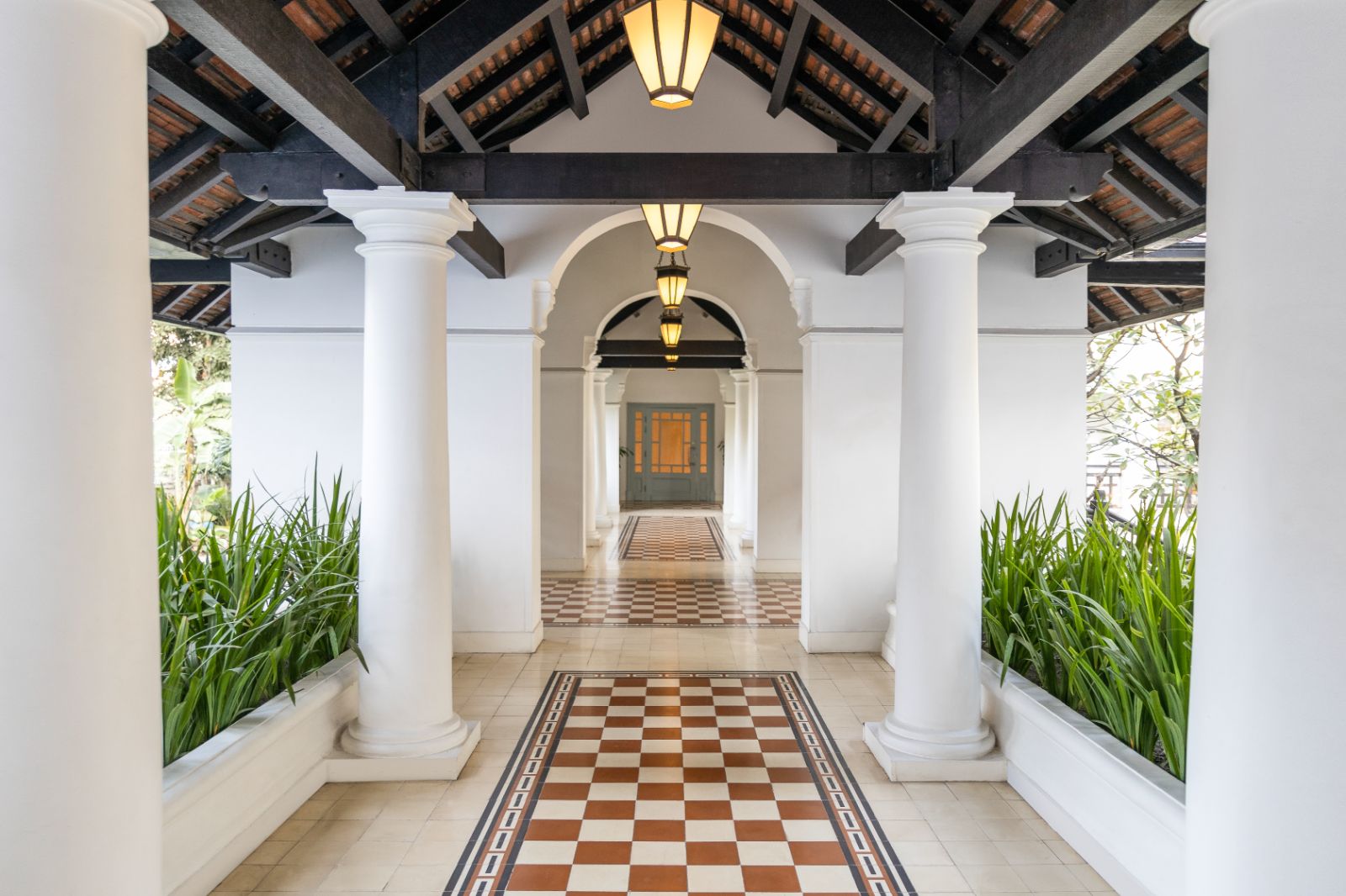 Open corridor at Raffles Le Royal in Phnom Penh, Cambodia