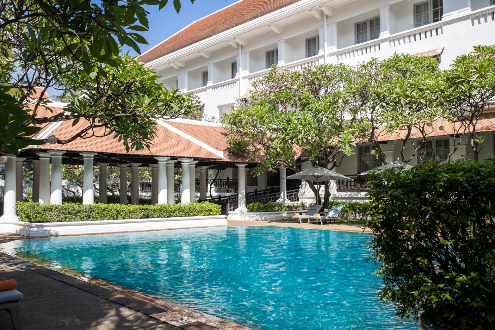 Pool and hotel view at Raffles Le Royal in Phnom Penh, Cambodia