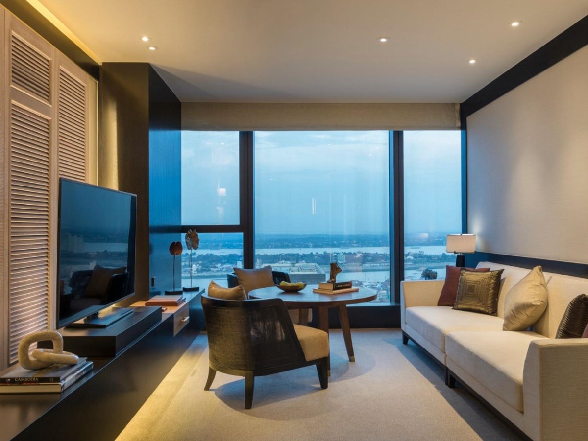 Mekong guest suite living area at Rosewood Phnom Penh in Cambodia