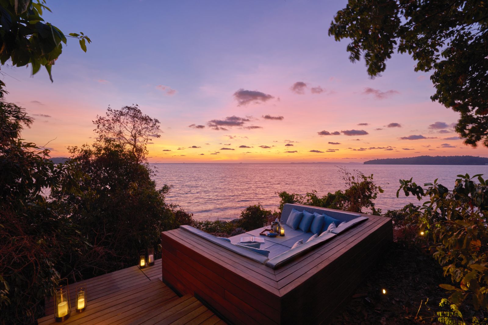 Private sundeck looking out on to the sunset in an ocean pool villa at Luxury Resort Six Senses Krabey
