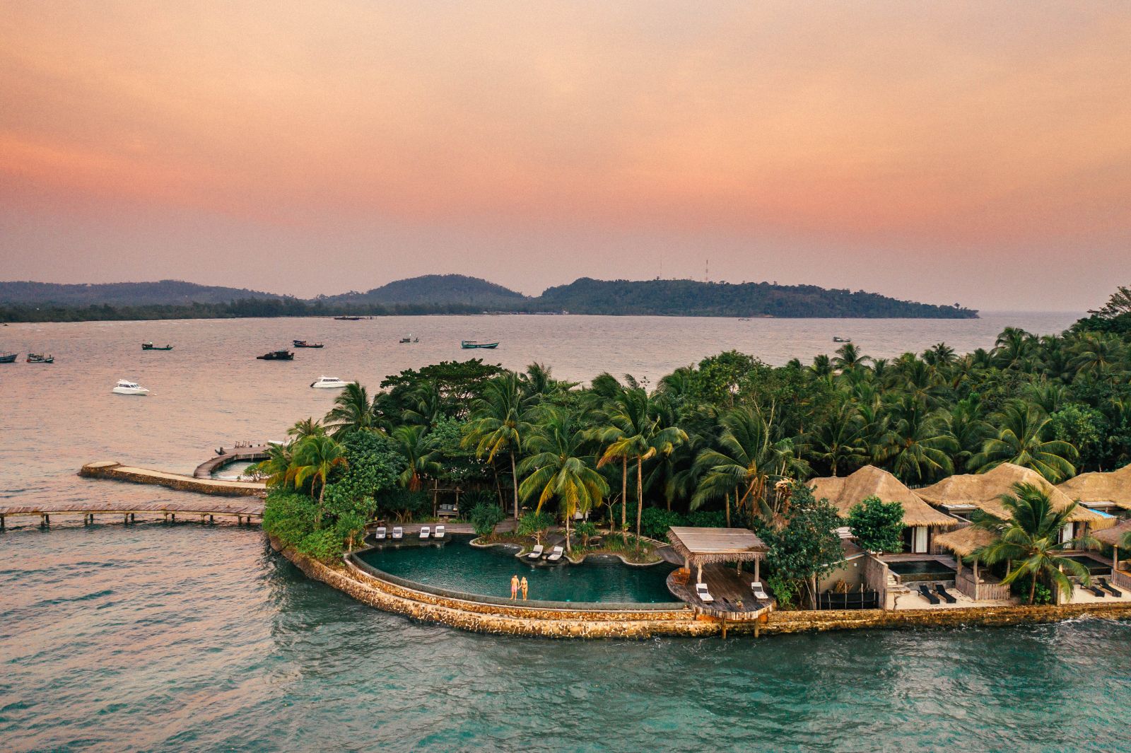Exterior view of the main pool and villas at Luxury resort Song Saa