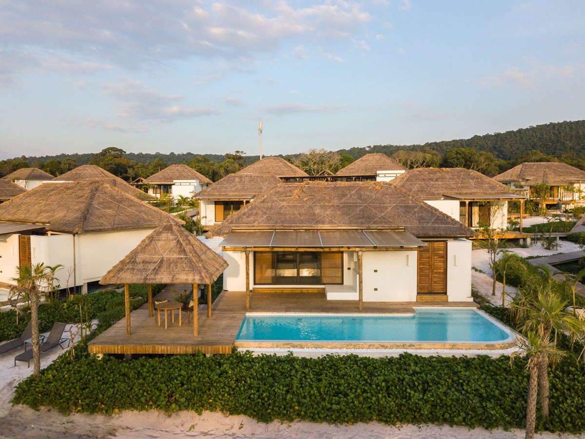 Beachfront pool villa aerial at the Royal Sands Resort in Koh Rong, Cambodia