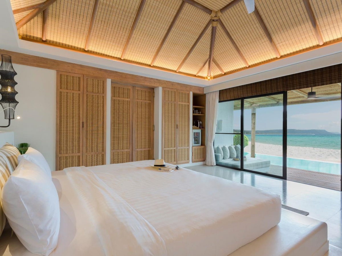 Beachfront pool villa bedroom at the Royal Sands Resort in Koh Rong, Cambodia