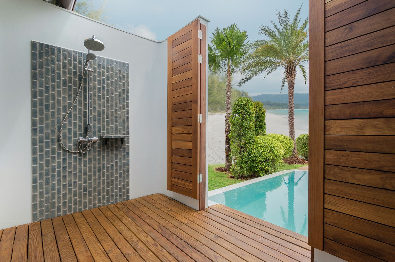 Beachfront pool villa shower area at the Royal Sands Resort in Koh Rong, Cambodia