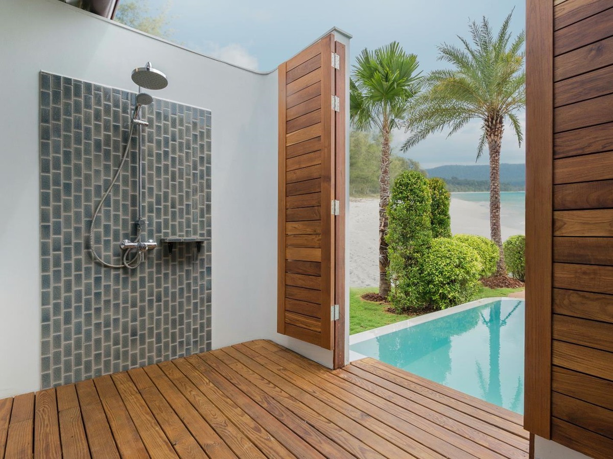 Beachfront pool villa shower area at the Royal Sands Resort in Koh Rong, Cambodia