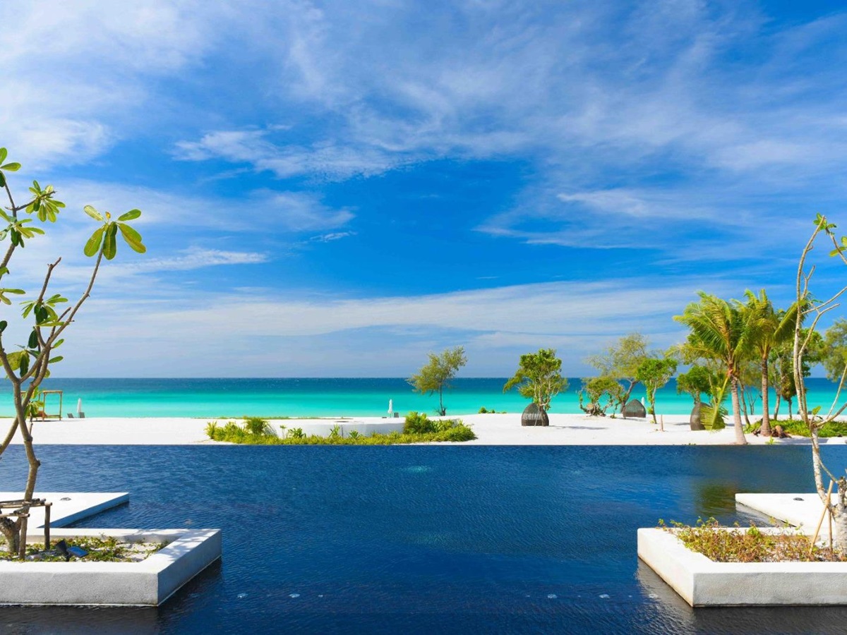 Main pool overlooking beachfront at the Royal Sands Resort in Koh Rong, Cambodia