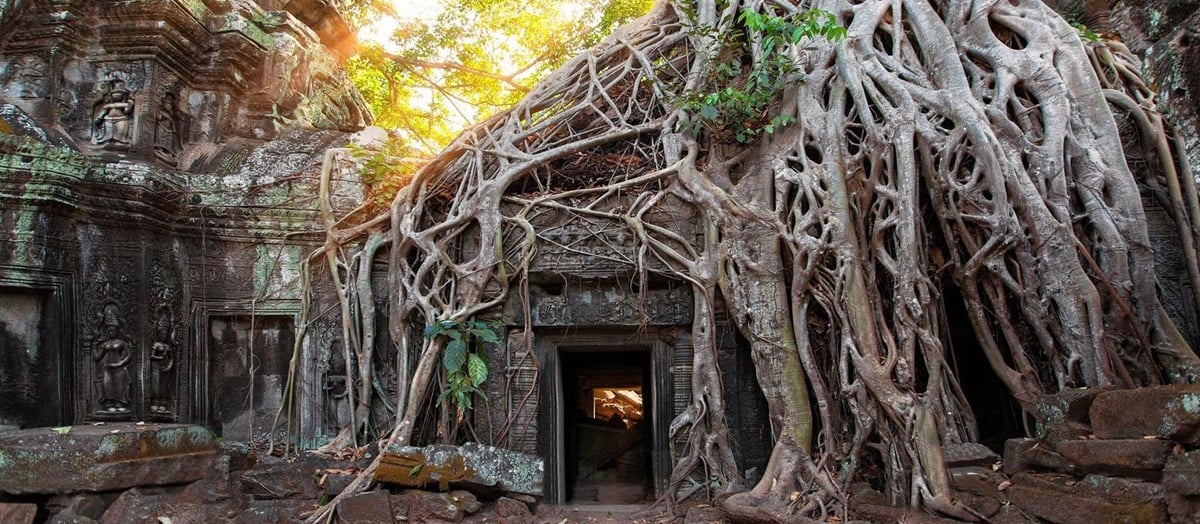Ruins of Angkor Wat with sun rays, Cambodia