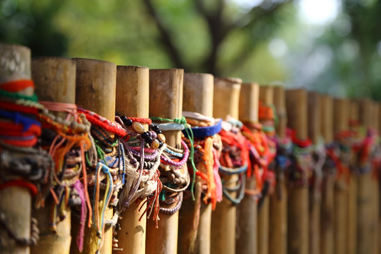 Bracelets on bamboo posts representing lives lost at the Killing Fields in Cambodia