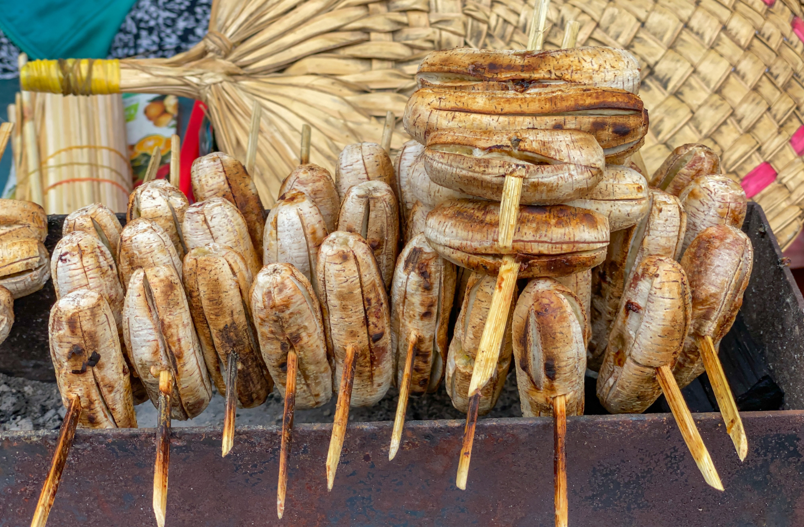 Sweet grilled banana at a Cambodian street food stall