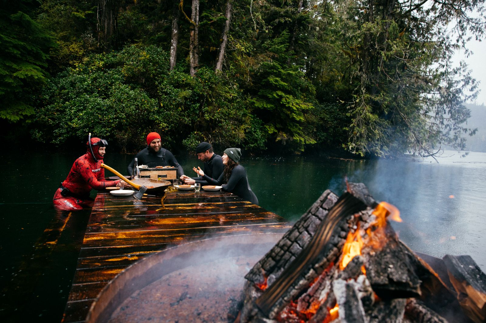 Campfire and diving lunch at Nimmo Bay Wilderness Resort in Canada's British Columbia region
