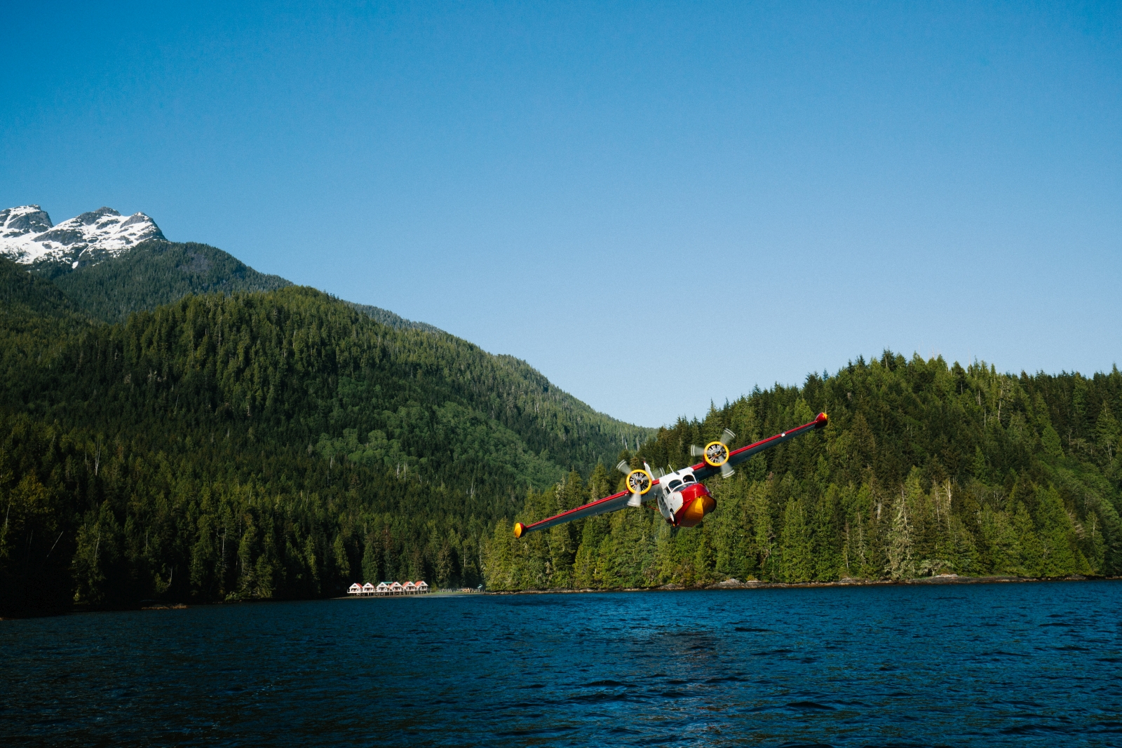 Seaplane flying out of luxury hotel Nimmo Bay in Canada