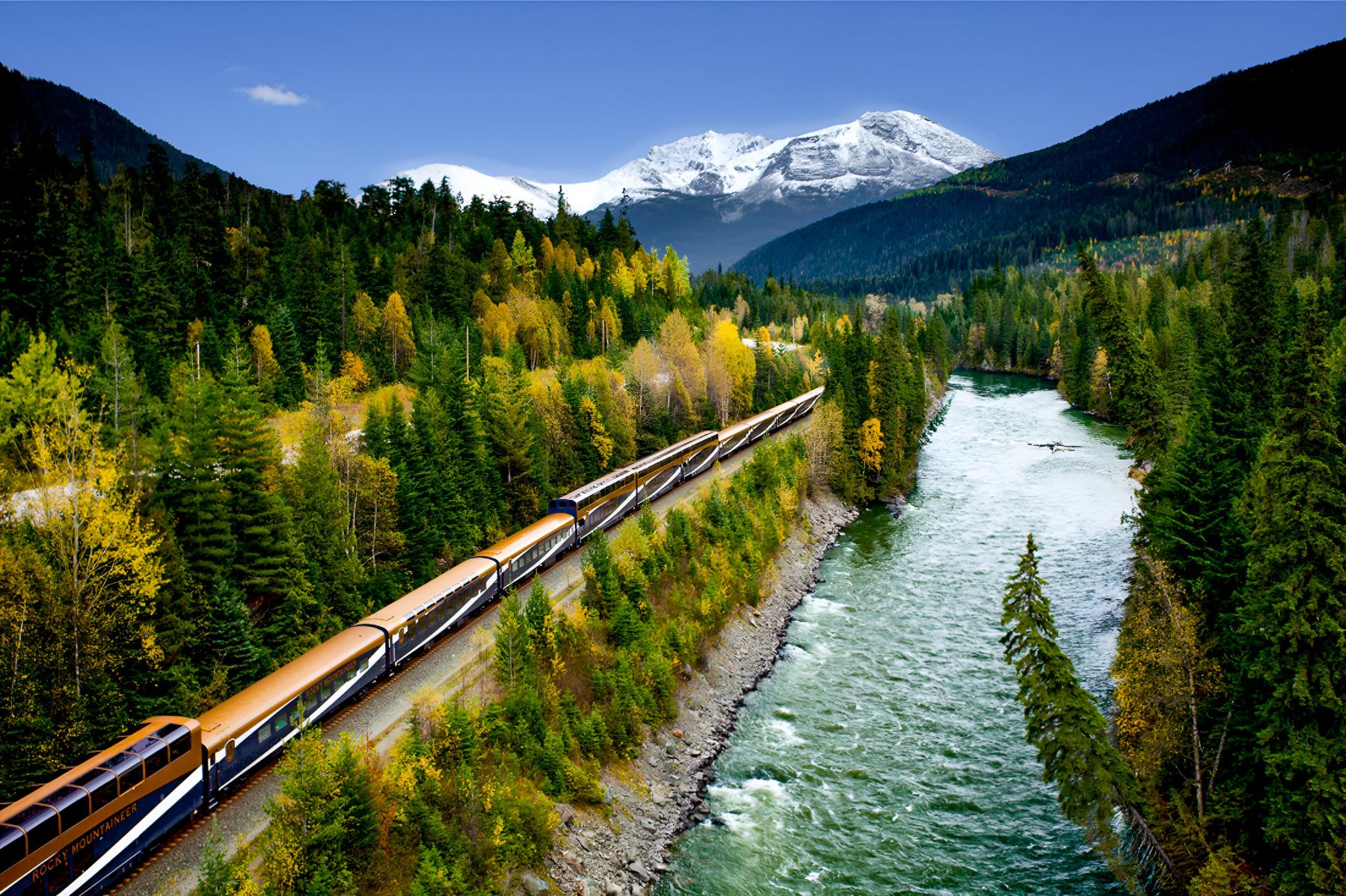 The Rocky Mountaineer navigating the North Thompson River