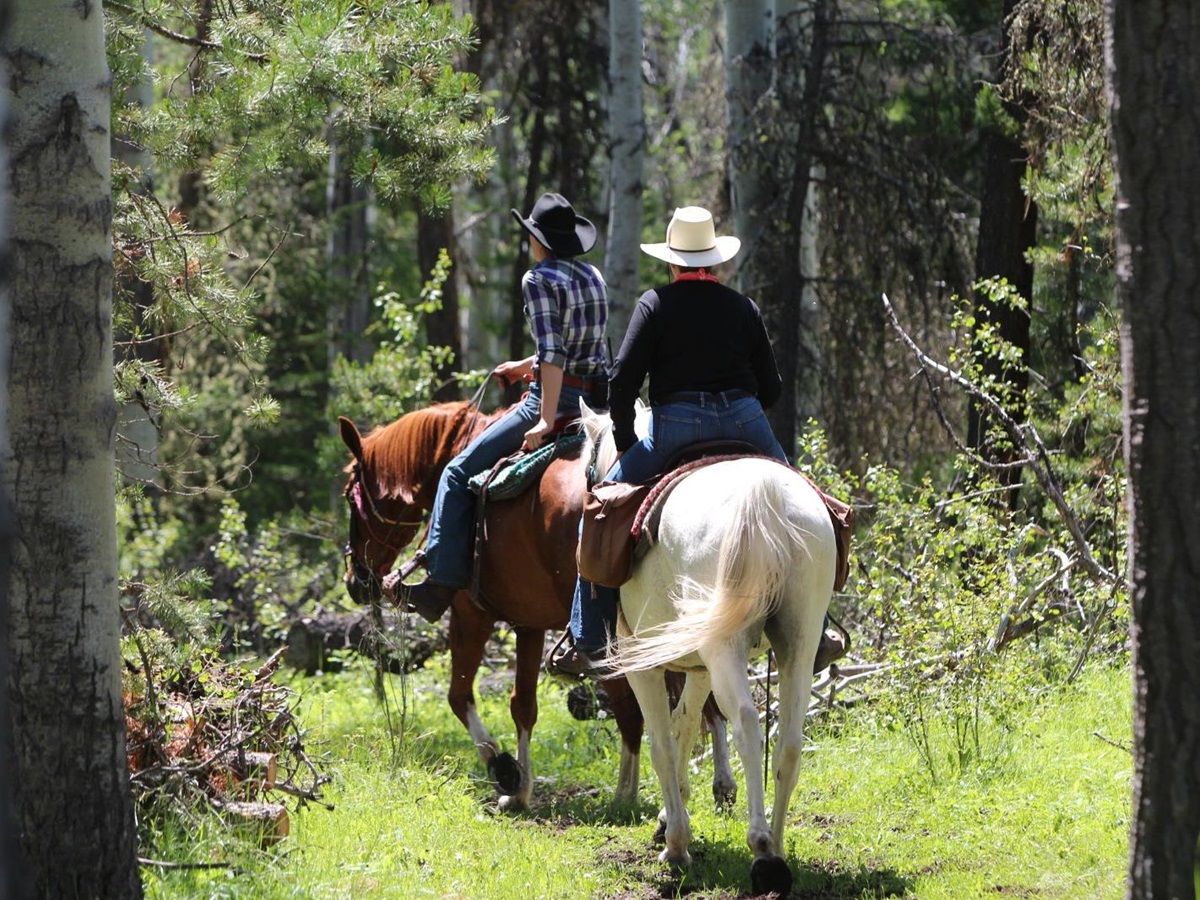 Guests riding horses on the grounds of Siwash Lake Ranch in Canada's British Columbia