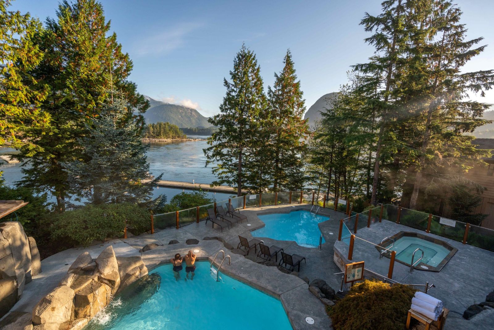 Aerial view of the spa mineral pools at Sonora Resort in Canada's British Columbia