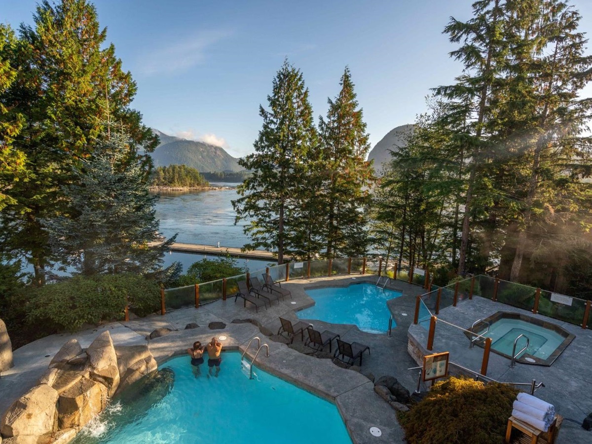 Aerial view of the spa mineral pools at Sonora Resort in Canada's British Columbia