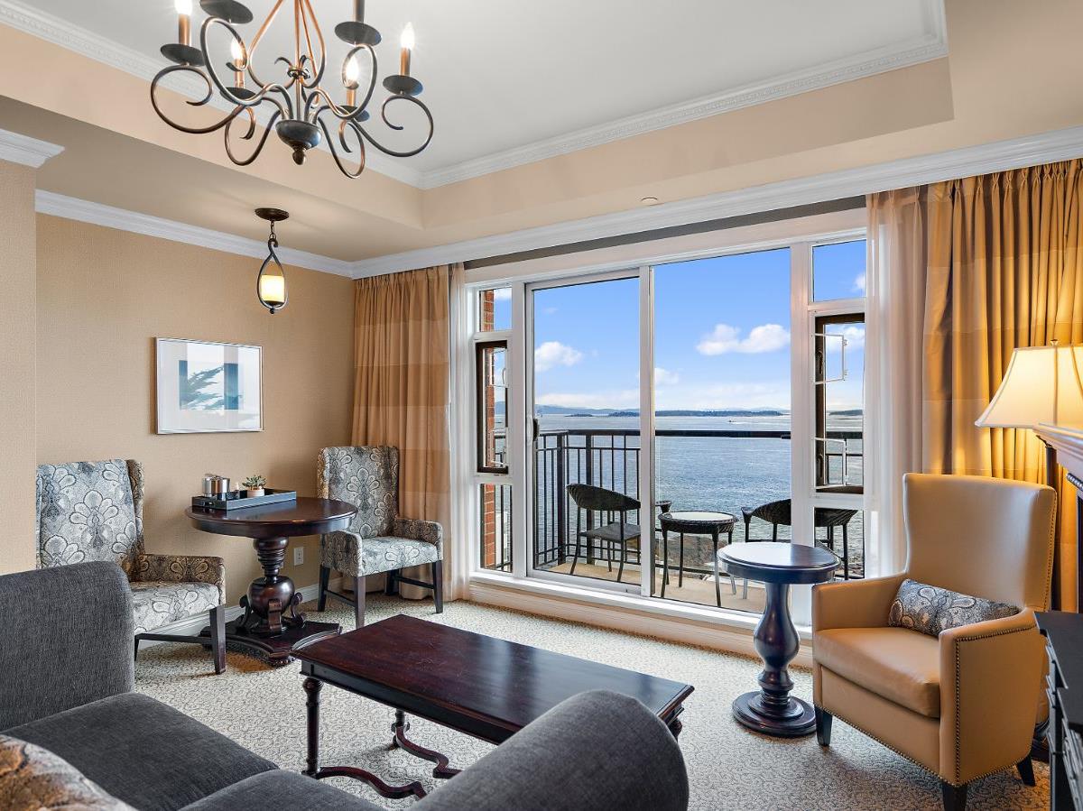 Guest suite living area with sea views at The Oak Bay Beach Hotel on Vancouver Island in Canada